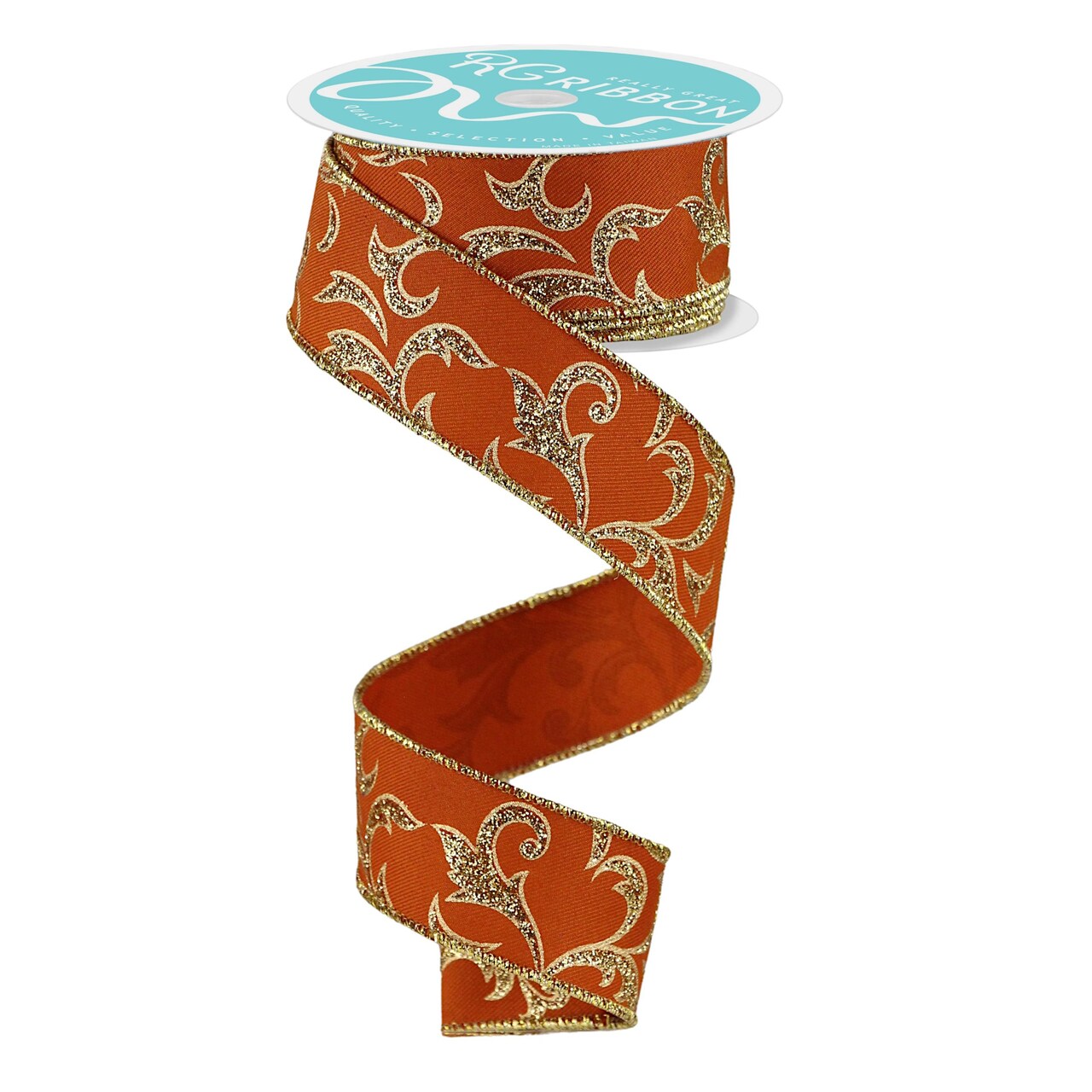 RG Ribbon 1.5" - 2.5" Glitter Filigree Scroll Wired Ribbon Autumn Orange, Gold for Bows, Wreaths, and Decorations